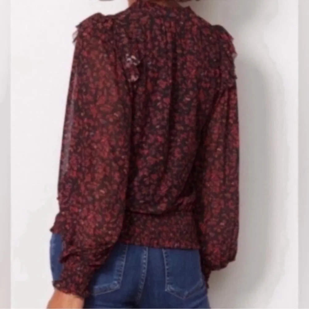 Evereve Koda Mesh Blouse, Size Small, Black Floral V-Neck Top - Picture 3 of 9